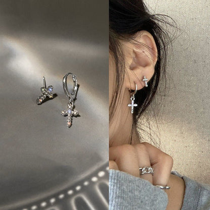 925 Silver Post Asymmetric Diamond Cross Stud Earrings-Jewearrings