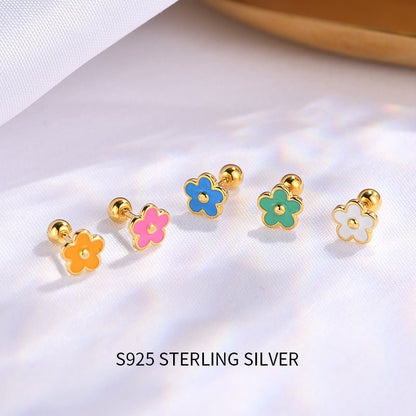 925 Silver Screw Tightening Buckle Small Flower Stud Earrings-Jewearrings