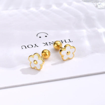 925 Silver Screw Tightening Buckle Small Flower Stud Earrings-Jewearrings