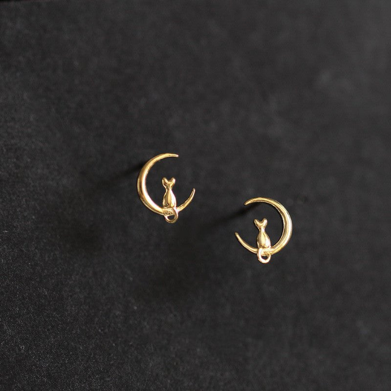 925 Sterling Silver 14K Gold Plated Earrings Cat Living On The Moon-Jewearrings