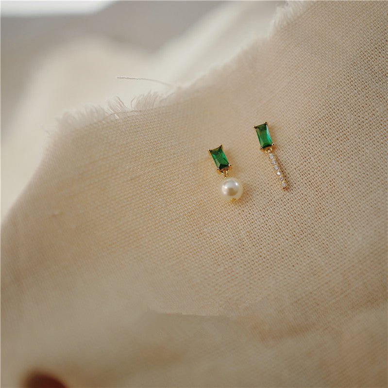 925 Sterling Silver 14k Gold Plated French Emerald Stud Earrings-Jewearrings