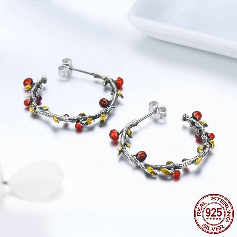 925 Sterling Silver Autumn Plant Withered Tree Leaves Hoop Earrings-Jewearrings