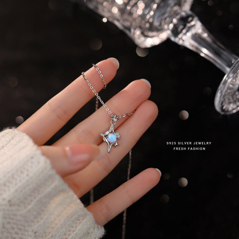 925 Sterling Silver Blue Opal Eight-pointed Stars Necklace And Earrings Suite-Jewearrings