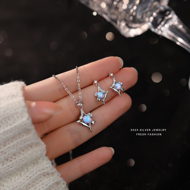 925 Sterling Silver Blue Opal Eight-pointed Stars Necklace And Earrings Suite-Jewearrings