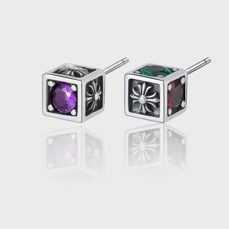 925 Sterling Silver Color Diamond Rainbow Zircon Cross Square Earrings-Jewearrings