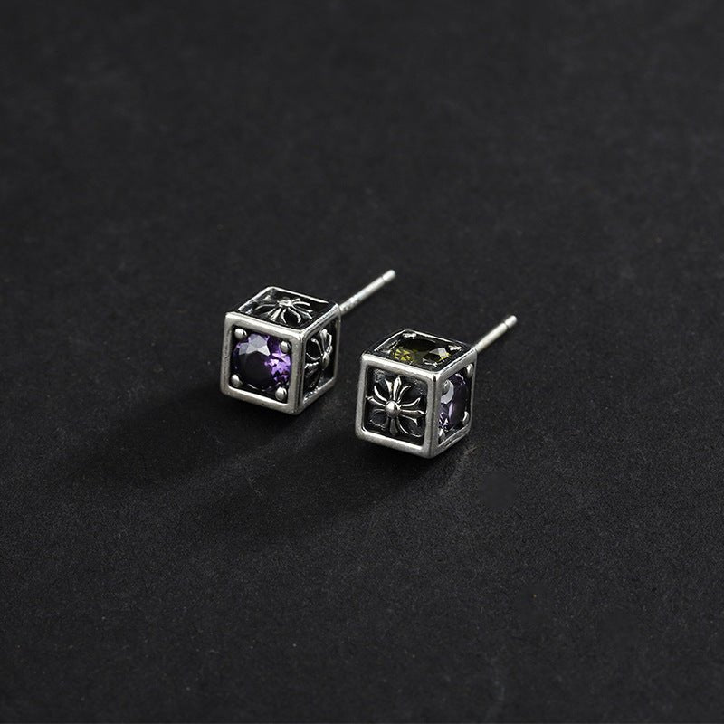 925 Sterling Silver Color Diamond Rainbow Zircon Cross Square Earrings-Jewearrings