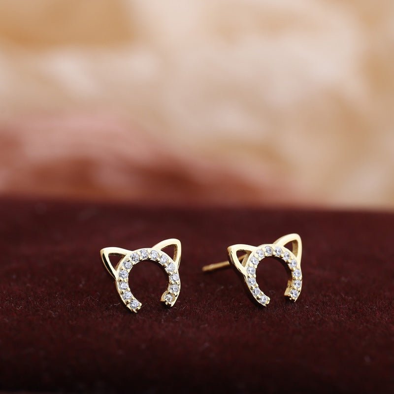 925 Sterling Silver Diamond Cute Cat Stud Earrings For Women-Jewearrings