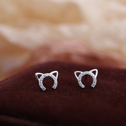 925 Sterling Silver Diamond Cute Cat Stud Earrings For Women-Jewearrings