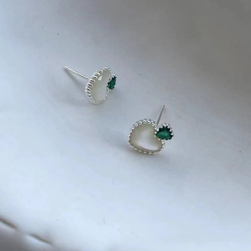 925 Sterling Silver Green Zirconium Shell Love Heart Stud Earrings-Jewearrings