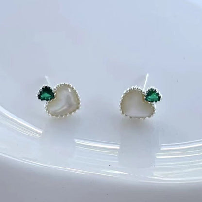 925 Sterling Silver Green Zirconium Shell Love Heart Stud Earrings-Jewearrings