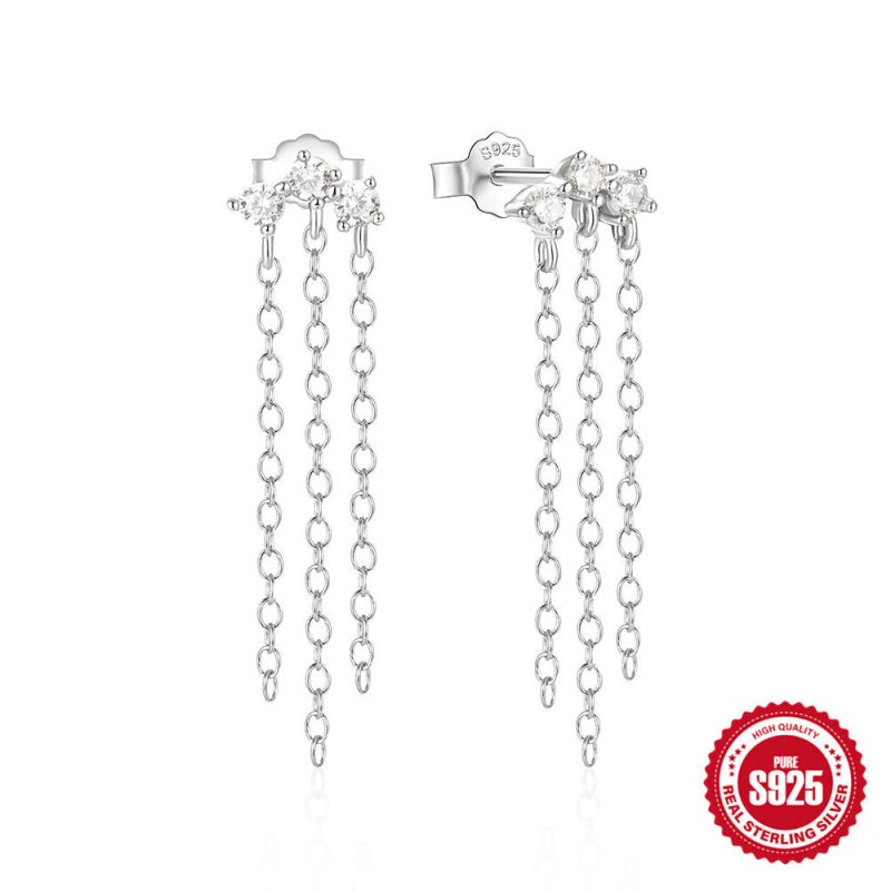 925 Sterling Silver Ins Style Floral Four-claw Diamond Chain Tassel Pearl Earrings-Jewearrings