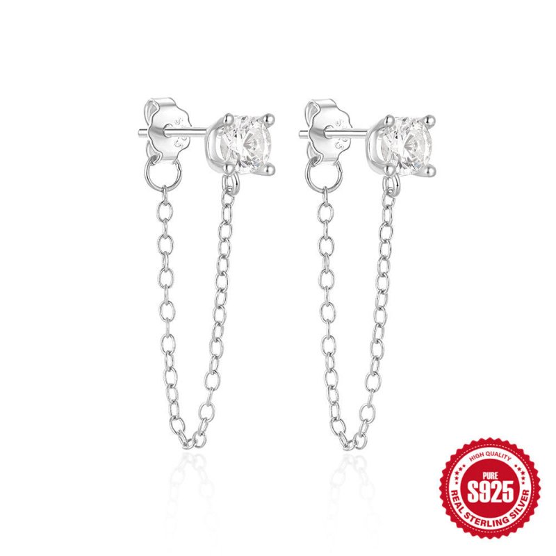 925 Sterling Silver Ins Style Floral Four-claw Diamond Chain Tassel Pearl Earrings-Jewearrings