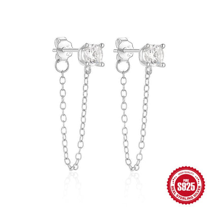 925 Sterling Silver Ins Style Floral Four-claw Diamond Chain Tassel Pearl Earrings-Jewearrings