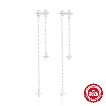 925 Sterling Silver Ins Style Floral Four-claw Diamond Chain Tassel Pearl Earrings-Jewearrings