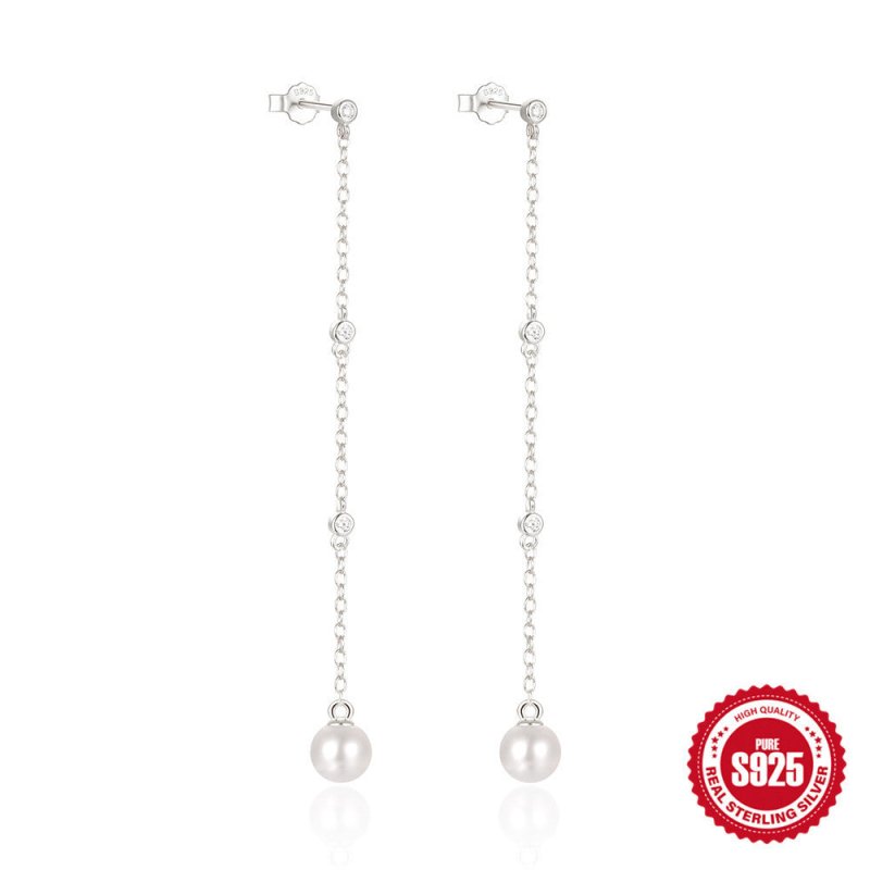 925 Sterling Silver Ins Style Floral Four-claw Diamond Chain Tassel Pearl Earrings-Jewearrings