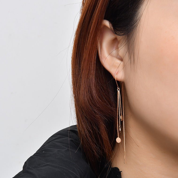 925 Sterling Silver Long Tassel Disc-shaped Earrings-Jewearrings