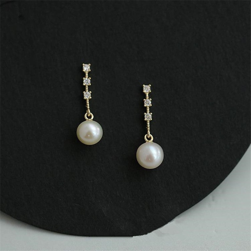 925 Sterling Silver Plated 4K Gold Sky White Round Pearl Japanese And Korean Style Elegant Earrings-Jewearrings