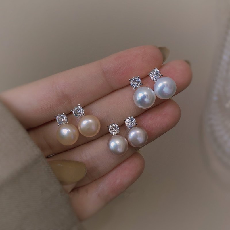 925 Sterling Silver Single Diamond Pearl Stud Earrings-Jewearrings