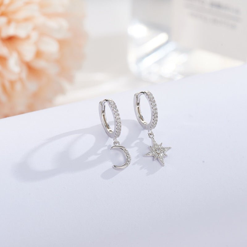 925 Sterling Silver Star And Moon Inlaid Diamond Earrings European And American Fashion Temperament All-Match Earrings Women's Light Luxury Niche Earrings-Jewearrings