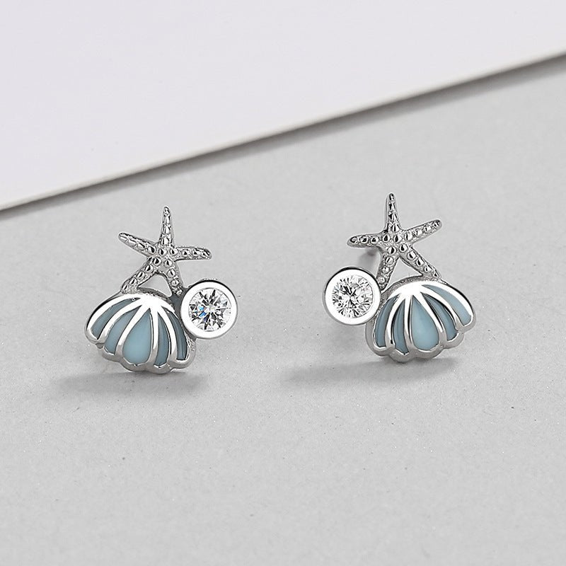 925 Sterling Silver Starfish Shell Stud Earrings Simple And Cute-Jewearrings