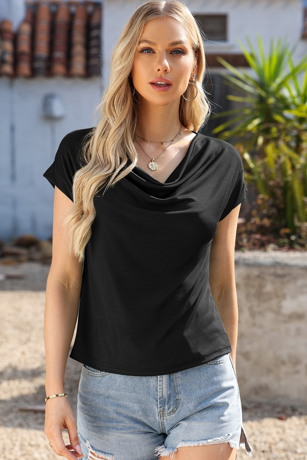 Cowl Neck Short Sleeve T-Shirt-Jewearrings