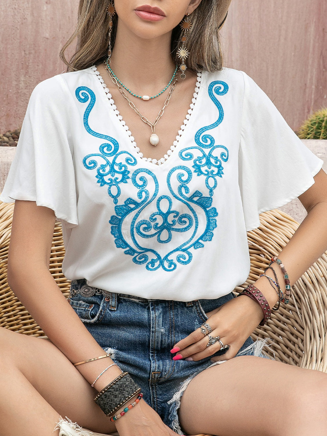 Graphic V-Neck Flutter Sleeve T-Shirt-Jewearrings