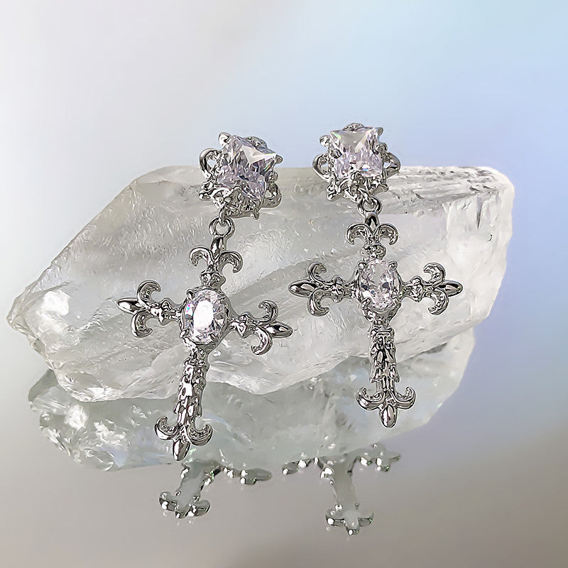 Frosty Silver Needle Zircon Cross Earrings-Jewearrings