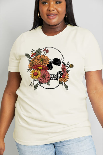 Simply Love Full Size Flower Skull Graphic Cotton Tee-Jewearrings