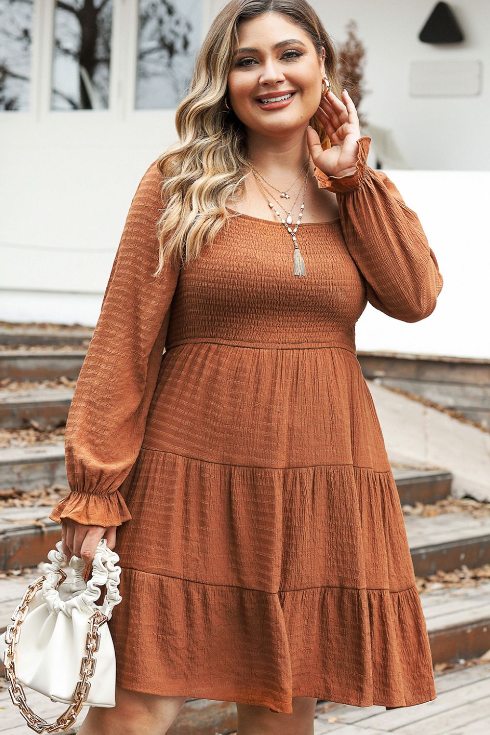 Plus Size Smocked Square Neck Tiered Dress-Jewearrings