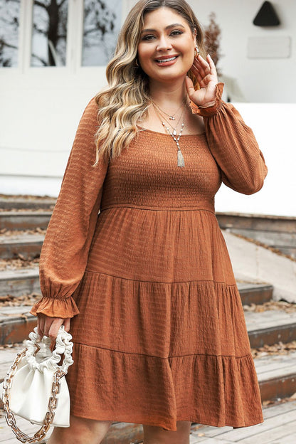 Plus Size Smocked Square Neck Tiered Dress-Jewearrings