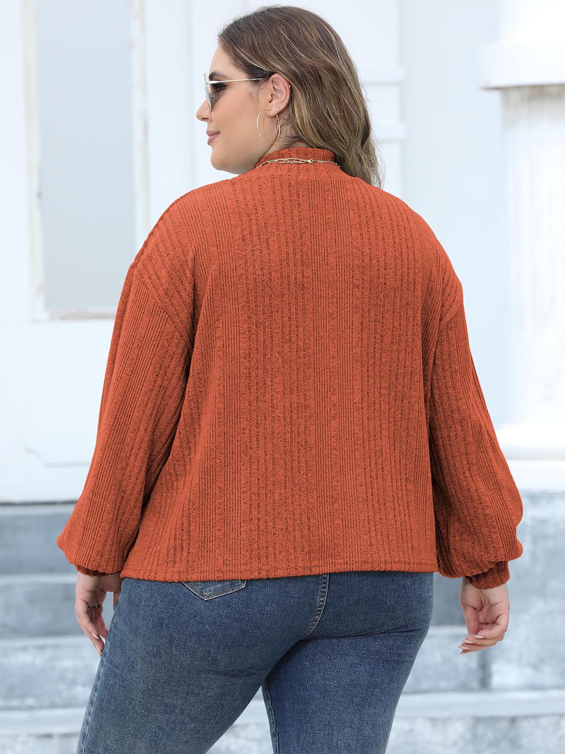 Plus Size Mock Neck Long Sleeve Knit Top-Jewearrings