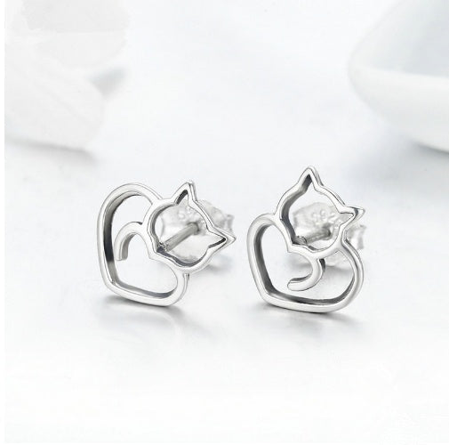 new simple silver cat earrings female s925 sterling silver hollow female earrings small animal silver-Jewearrings