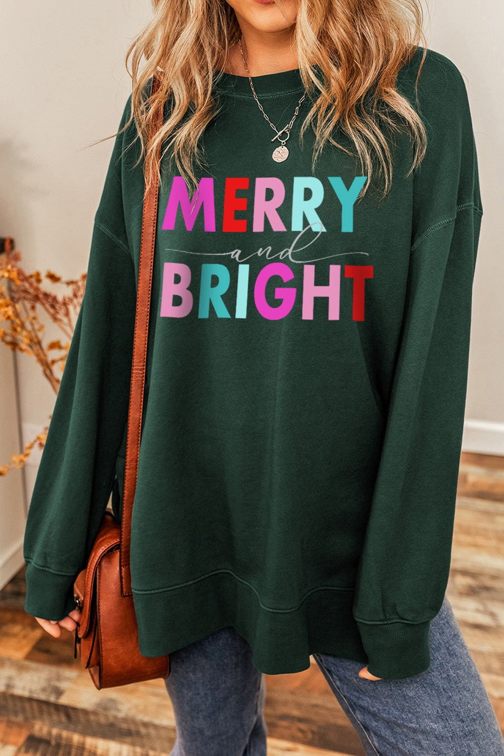 MERRY AND BRIGHT Round Neck Sweatshirt-Jewearrings