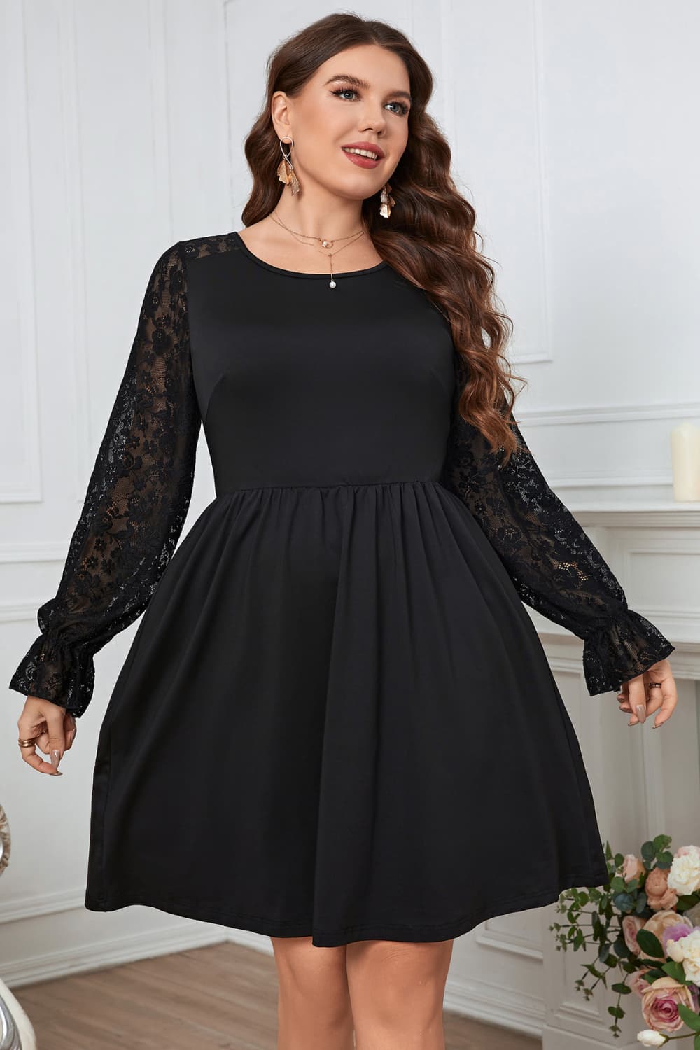 Melo Apparel Plus Size Lace Trim Round Neck Flounce Sleeve Dress-Jewearrings