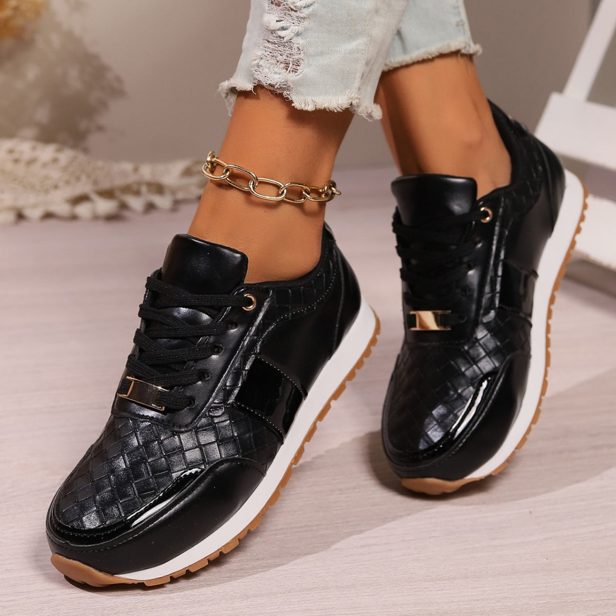 Lace-Up PU Leather Sneakers-Jewearrings