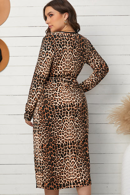 Plus Size Leopard Belted Surplice Wrap Dress-Jewearrings