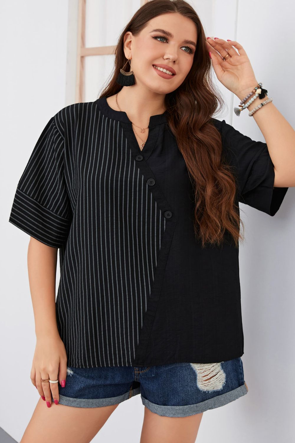 Plus Size Striped Notched Neck Half Sleeve Top-Jewearrings