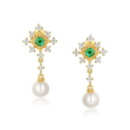 Light Luxury Niche Design Sterling Silver Pearl Earrings Emeralds-Jewearrings