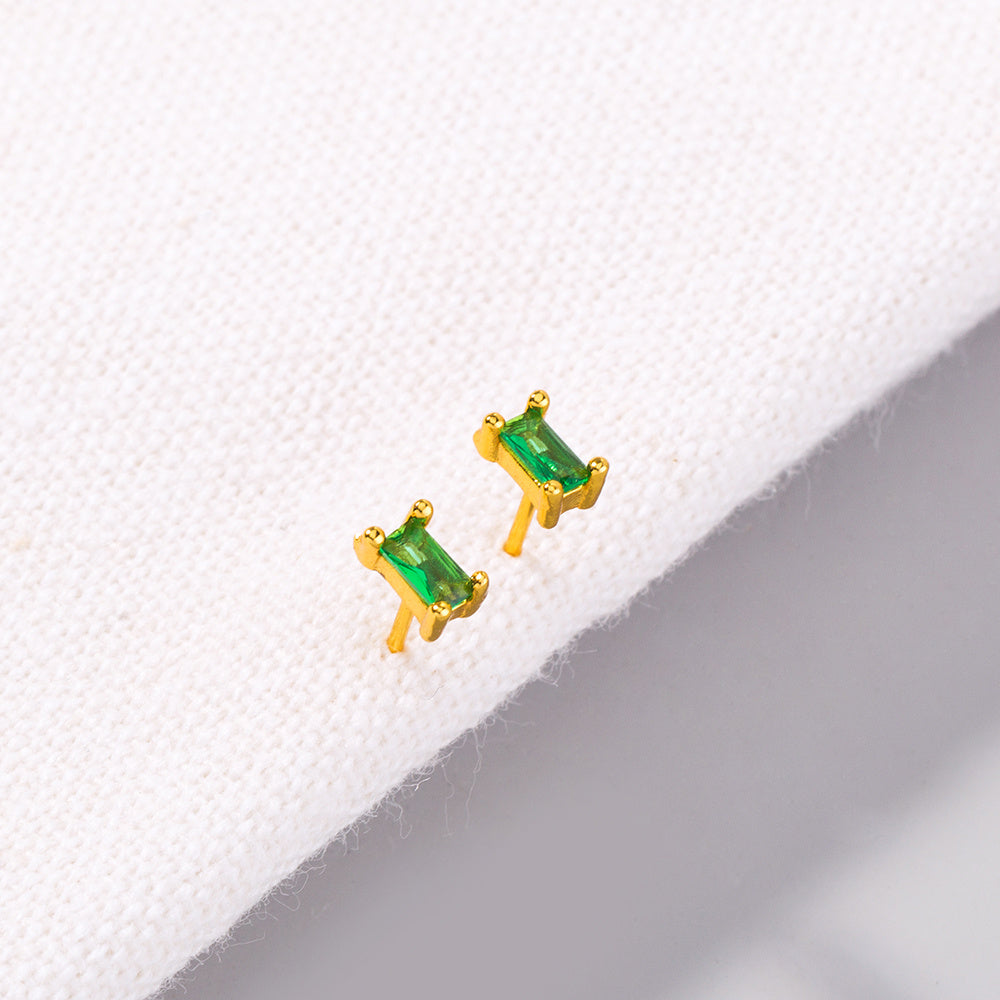 European and American mini rectangular small zircon earrings emerald green cold wind mini temperament earrings earrings-Jewearrings