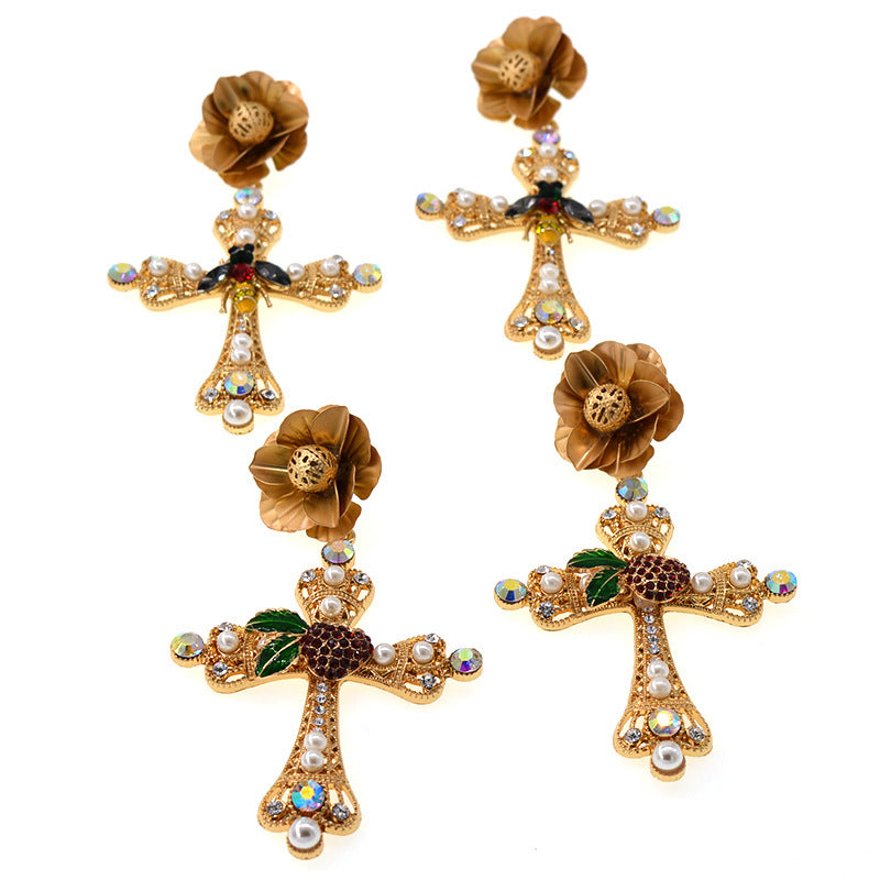 Vintage Baroque Catwalk Style Cross Earrings Female Accessories-Jewearrings