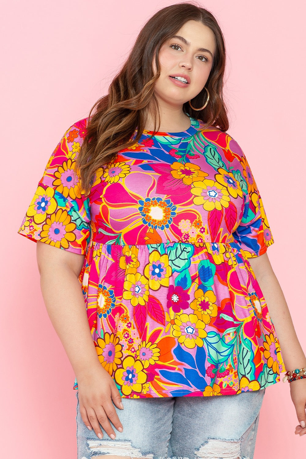 Plus Size Printed Round Neck Short Sleeve Top-Jewearrings