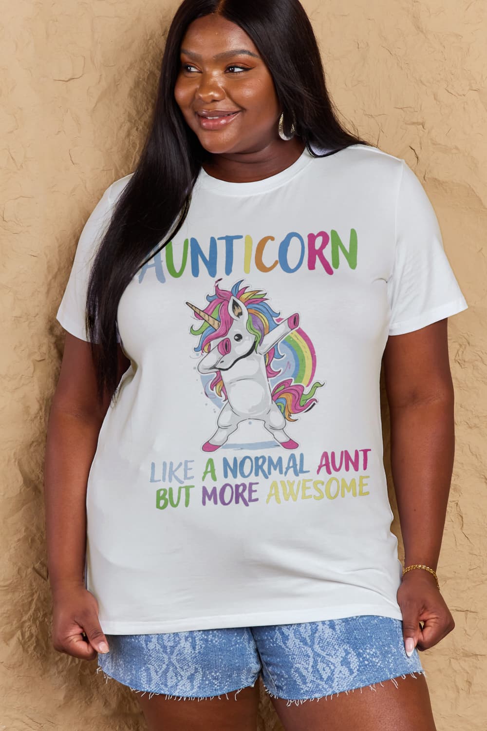 Simply Love Full Size AUNTICORN LIKE A NORMAL AUNT BUT MORE AWESOME Graphic Cotton Tee-Jewearrings