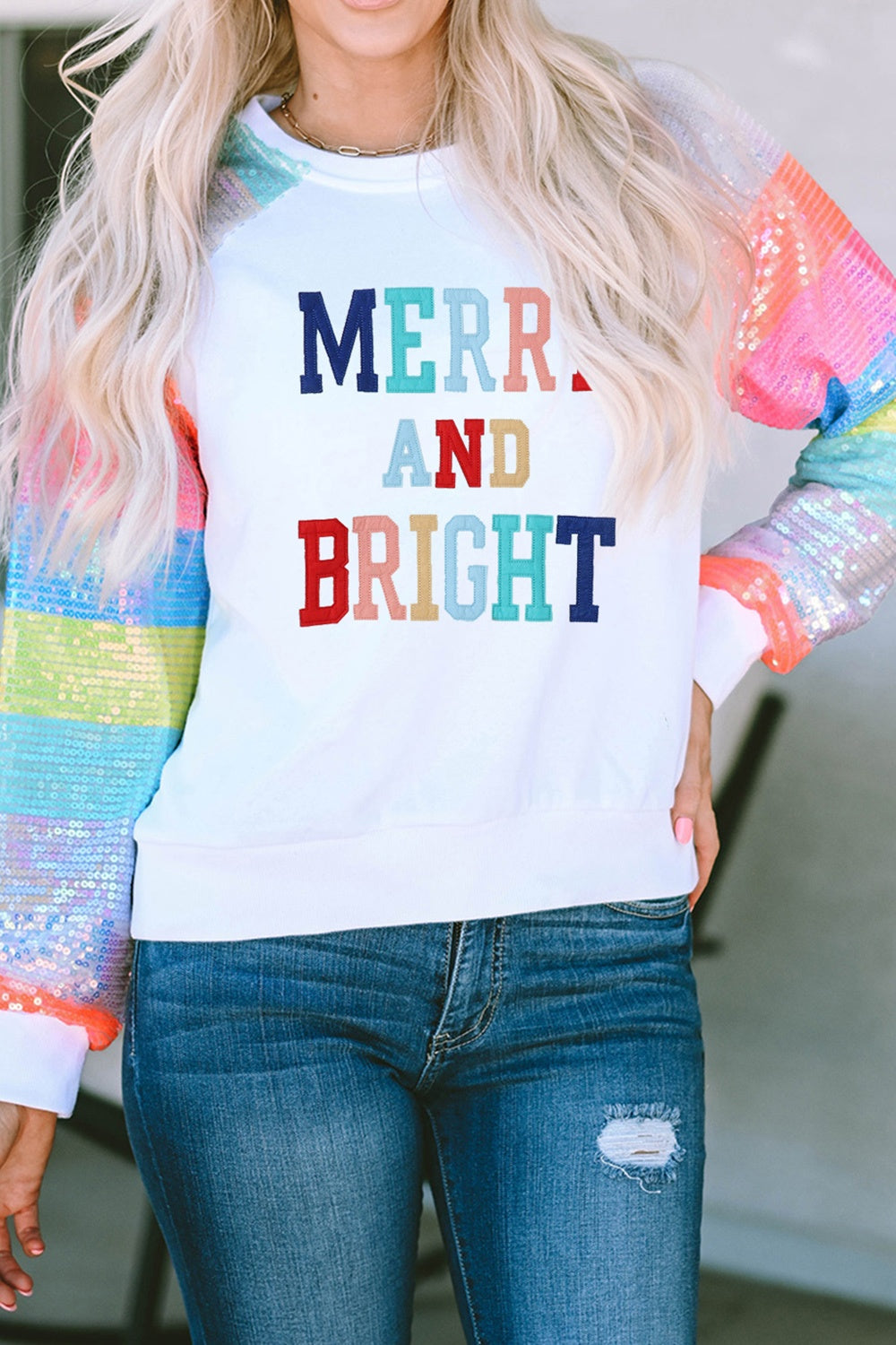 MERRY AND BRIGHT Sequin Long Sleeve Sweatshirt-Jewearrings