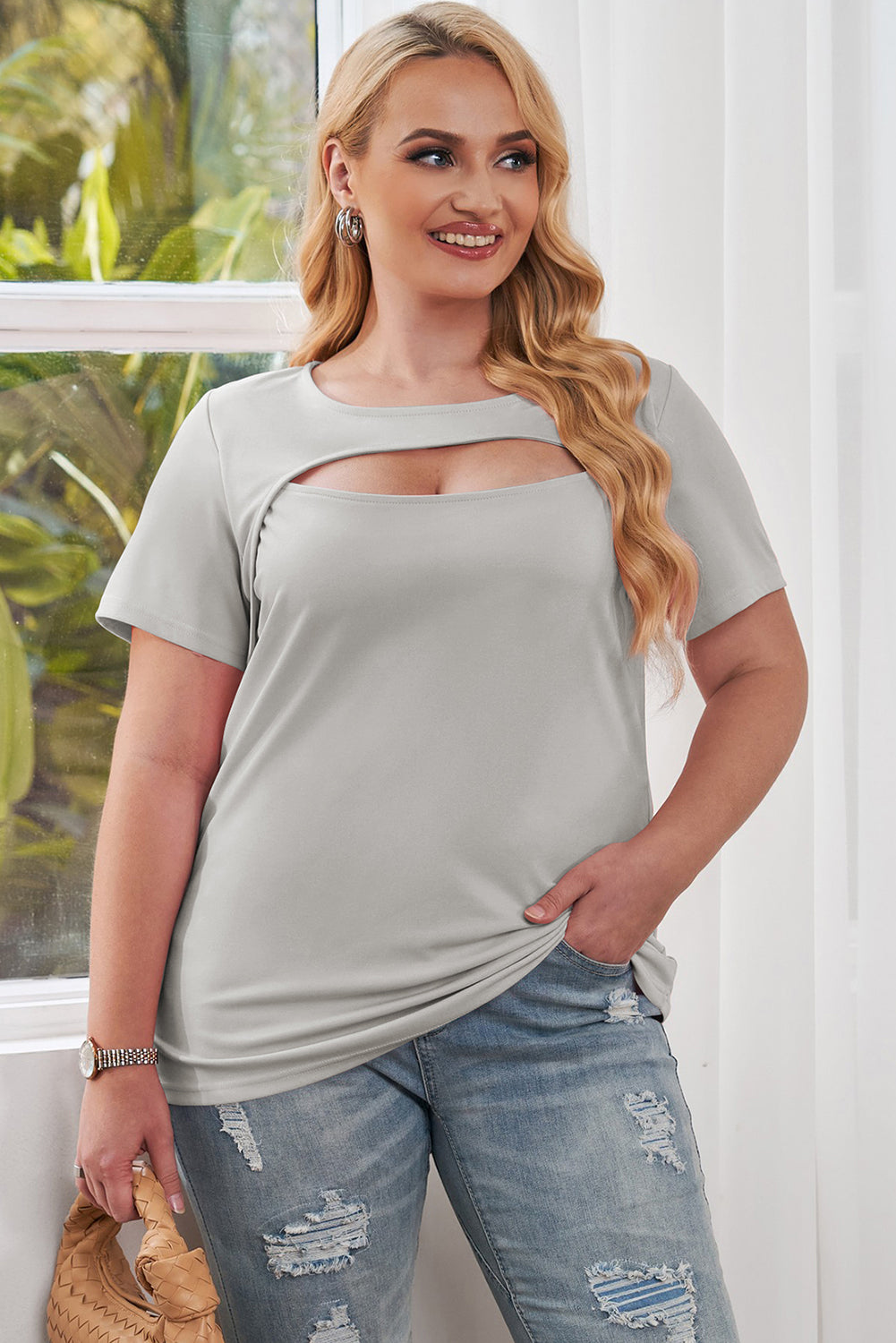 Plus Size Cutout Round Neck Short Sleeve Tee-Jewearrings