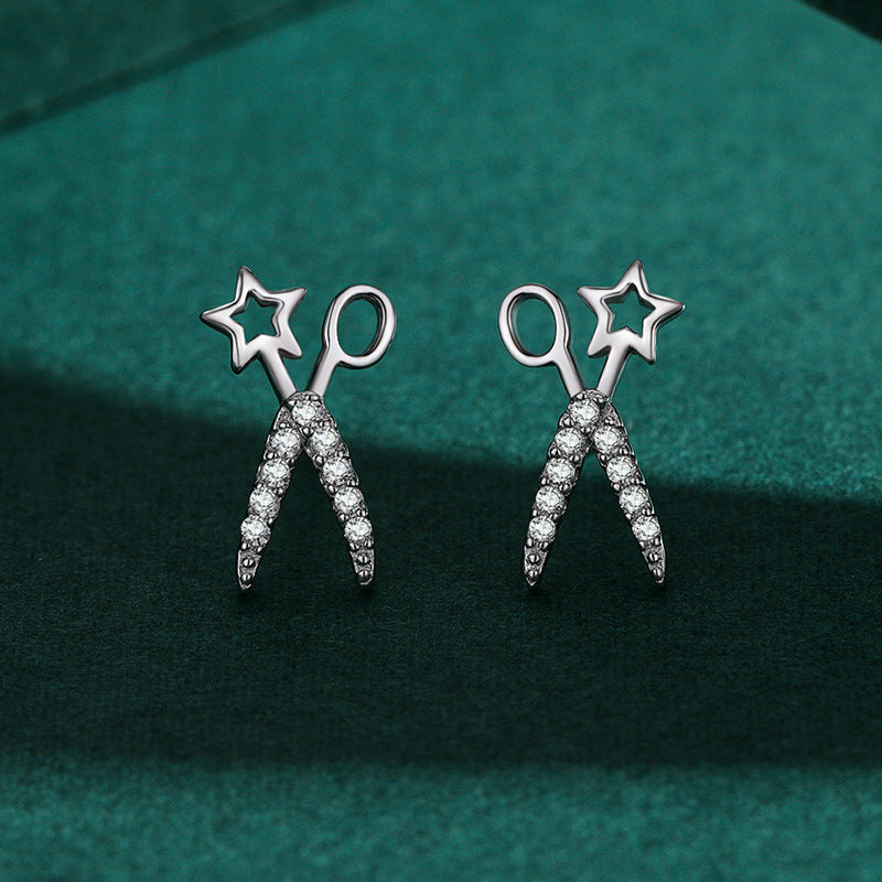 S925 Sterling Silver Star Scissor Stud Earrings-Jewearrings