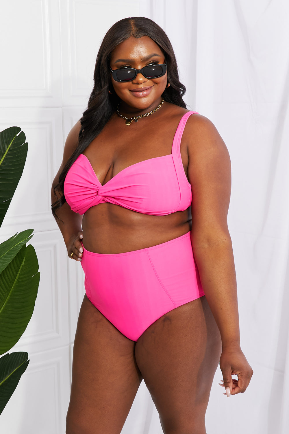 Marina West Swim Take A Dip Twist High-Rise Bikini in Pink-Jewearrings