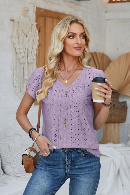 Decorative Button Eyelet V-Neck Short Sleeve T-Shirt-Jewearrings