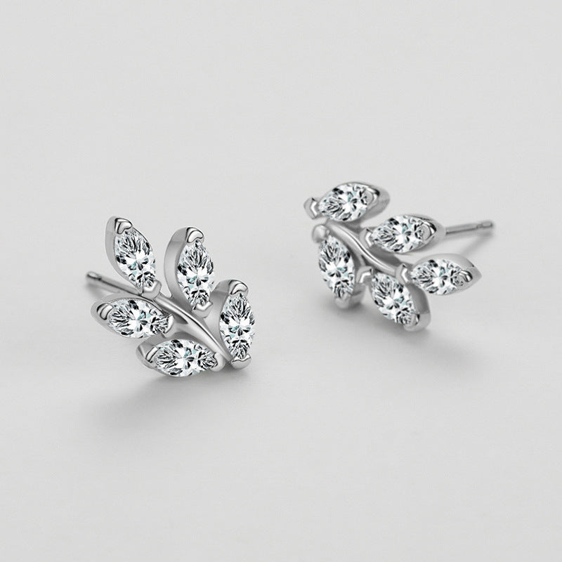 Women's Sterling Silver Fashion Leaf Stud Earrings With Diamonds-Jewearrings