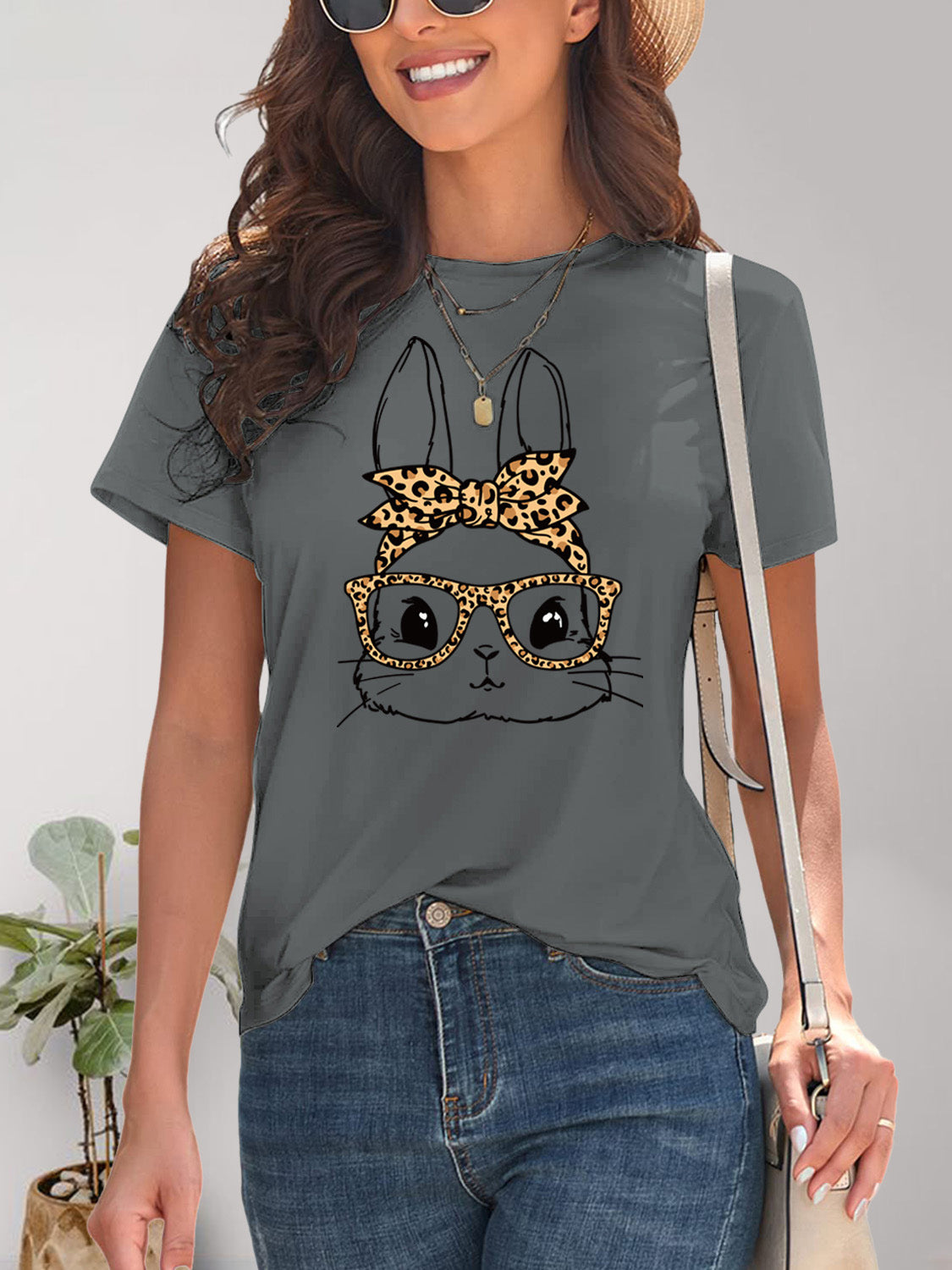 Rabbit Graphic Round Neck Short Sleeve T-Shirt-Jewearrings