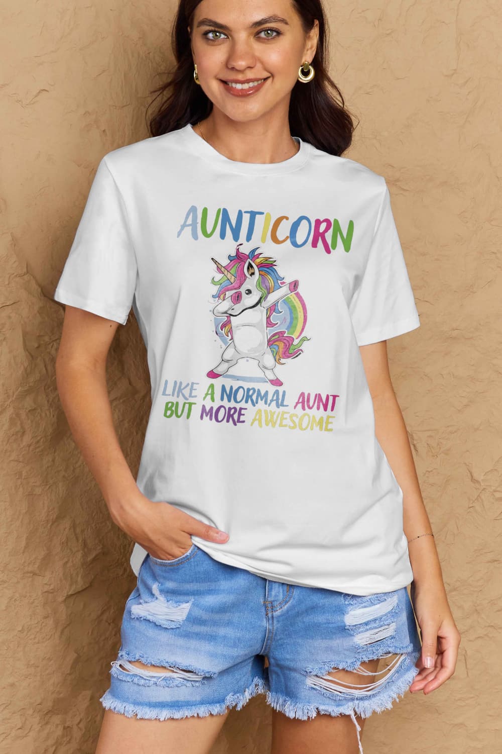 Simply Love Full Size AUNTICORN LIKE A NORMAL AUNT BUT MORE AWESOME Graphic Cotton Tee-Jewearrings